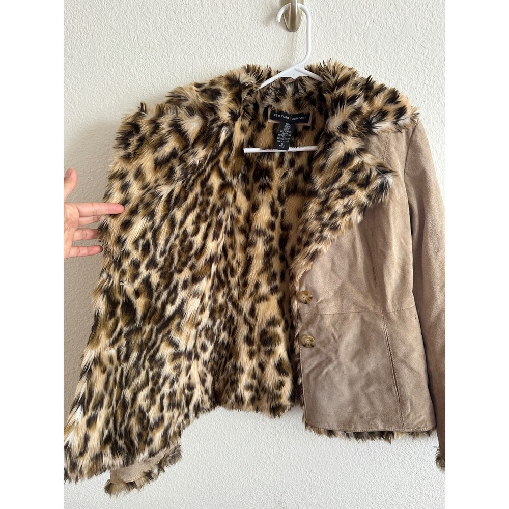 New York & Company VTG Penny Lane Tan Suede Leopard Faux Fur Trim Lined Jacket S